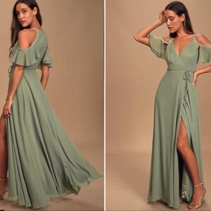 Lulu's Green Wrap Maxi Dress with Flutter Sleeves
